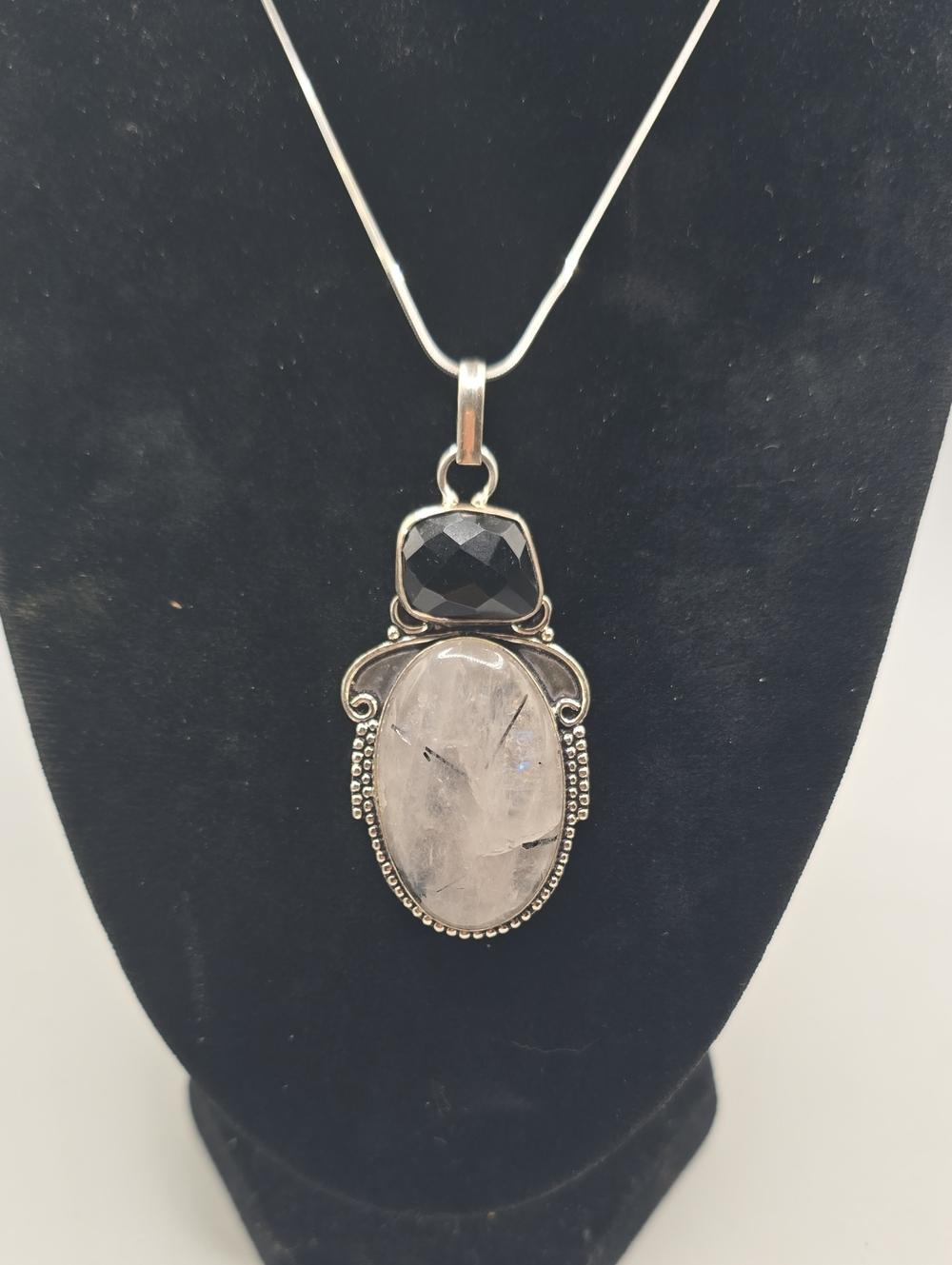 Sterling Silver Rutile Quartz and Black Onyx Pendant Necklace